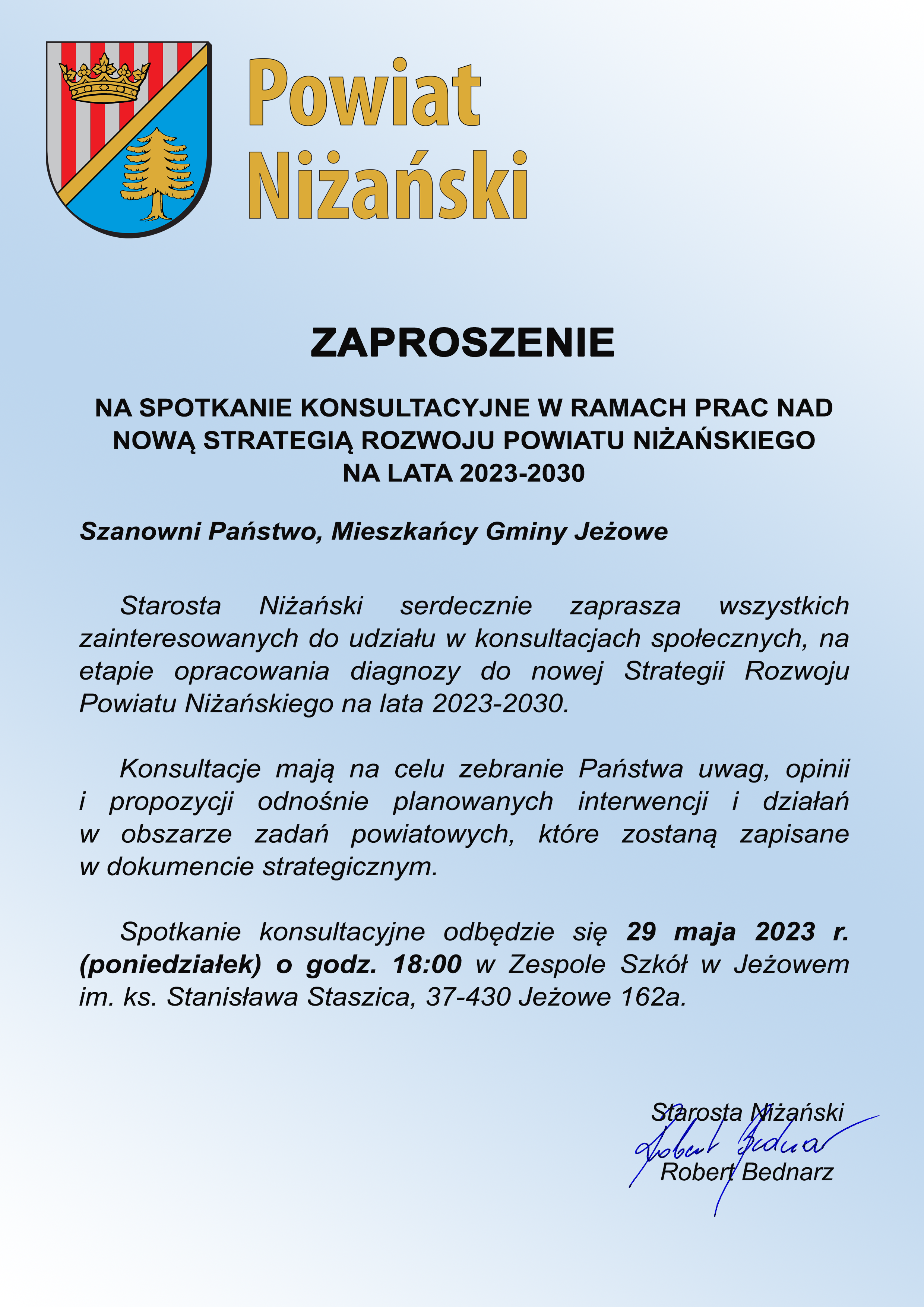 Plakat - Zaproszenie na spotkania konsultacyjne w Jeżowem w ramach prac nad nową Strategią Rozwoju Powiatu Niżańskiego na lata 2023-2030
