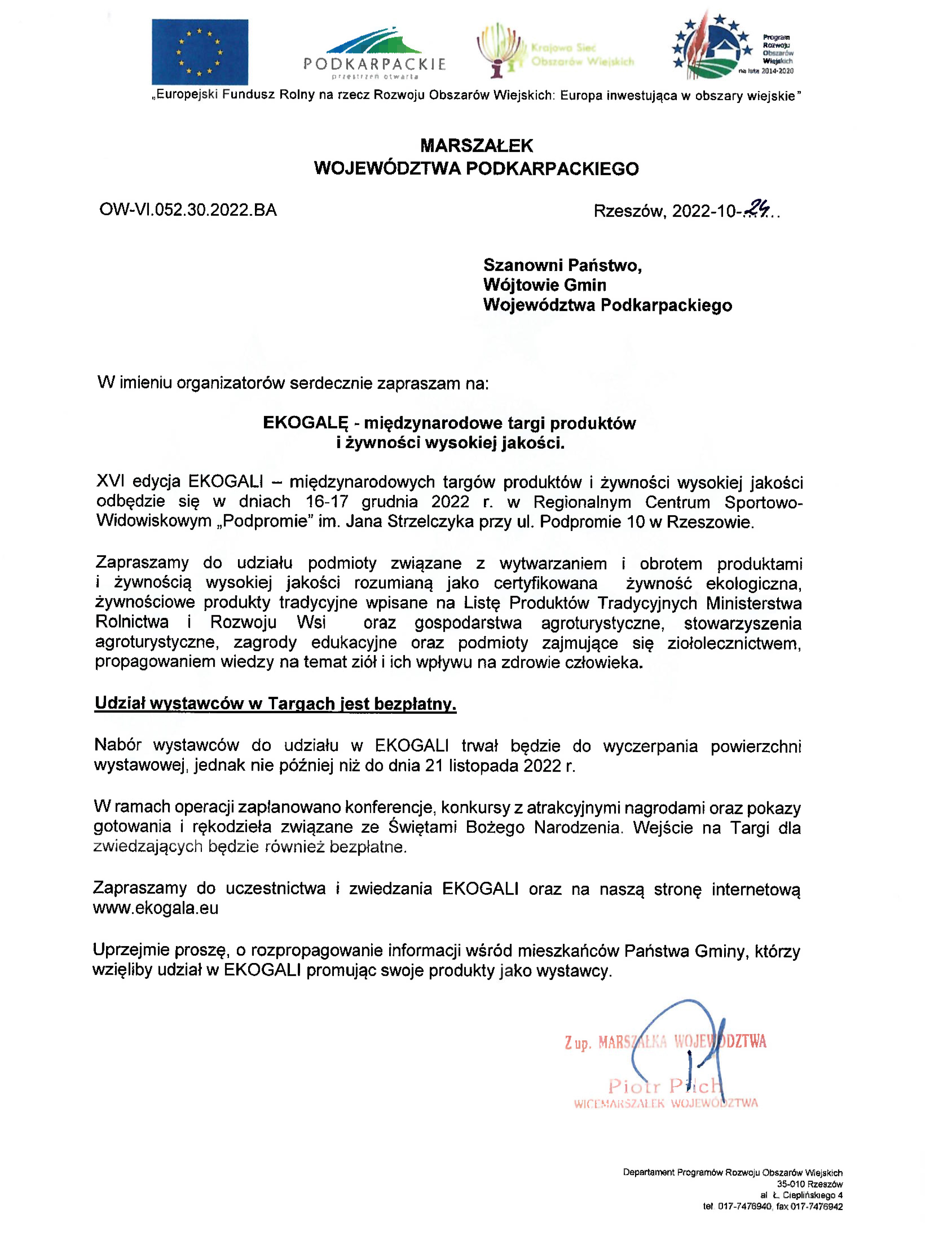 list Marszałka Województwa Podkarpackiego